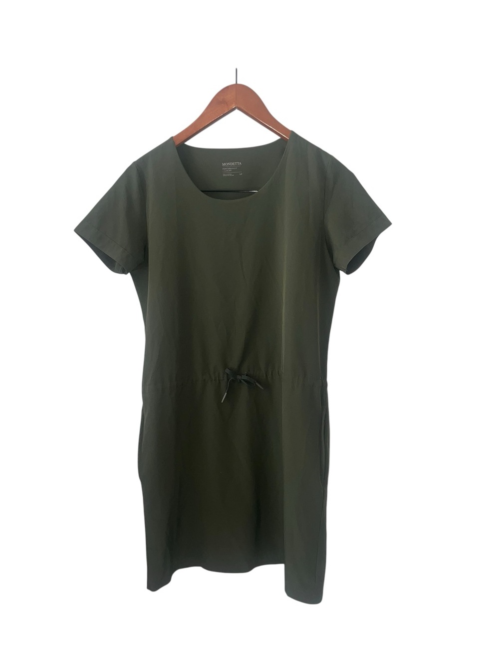 Mondetta Olive Performance Luxury exercise dress with a cinched drawstring waist